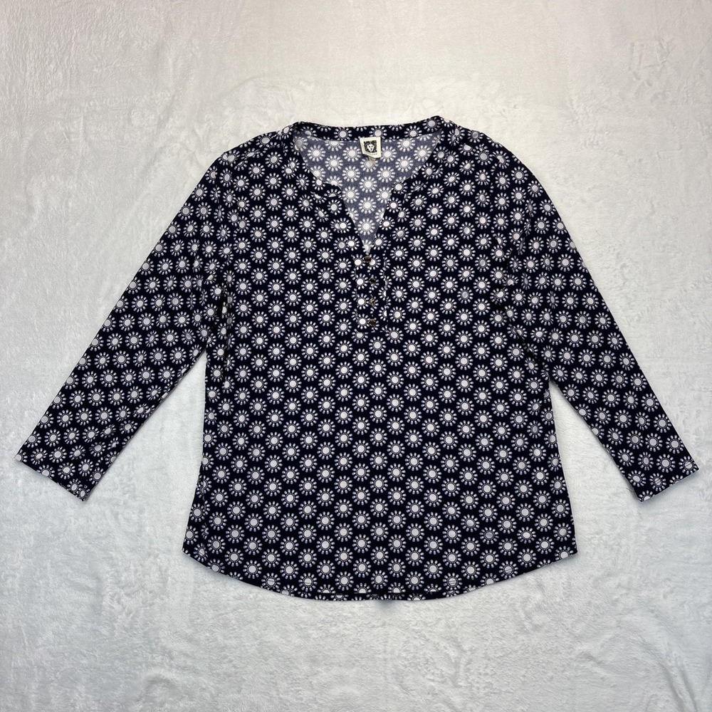 Anne Klein Blouse Womens L Navy Medallion Print 3/4 Sleeve Top V Neck
